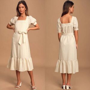 Lulus Love Me Sweeter Peach Gingham Puff Sleeve Midi Dress M NWOT